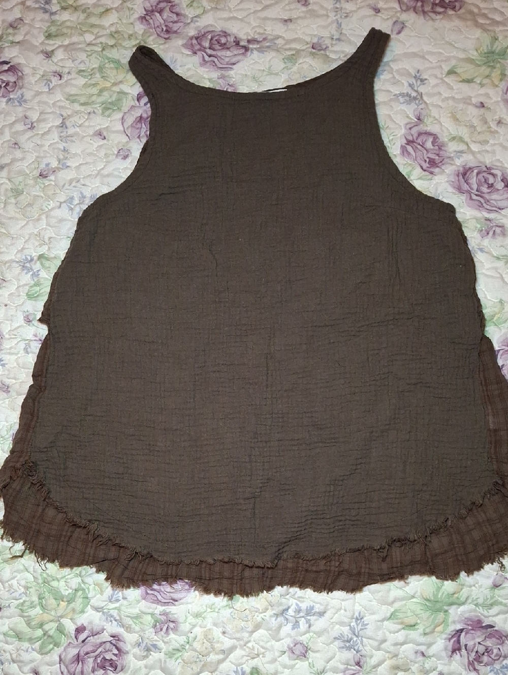 Relaxed Brown Crinkle Tank Top with Ruffle Hem